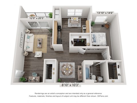 A1 One Bedroom Floor Plan at Rivers Landing Apartments and Townhomes,  Hampton, VA